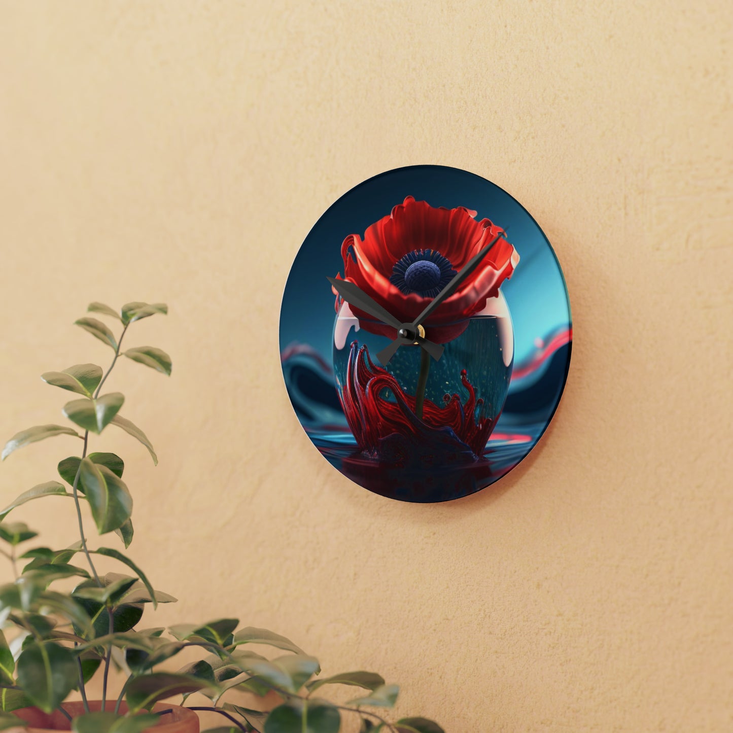 Acrylic Wall Clock Red Anemone in a Vase 2