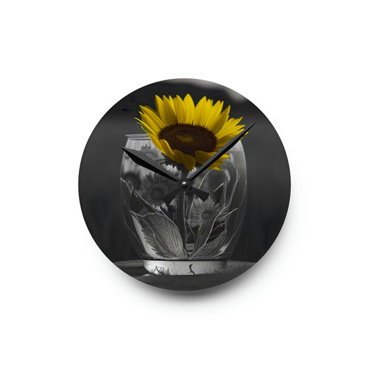 Acrylic Wall Clock Yellw Sunflower in a vase 1