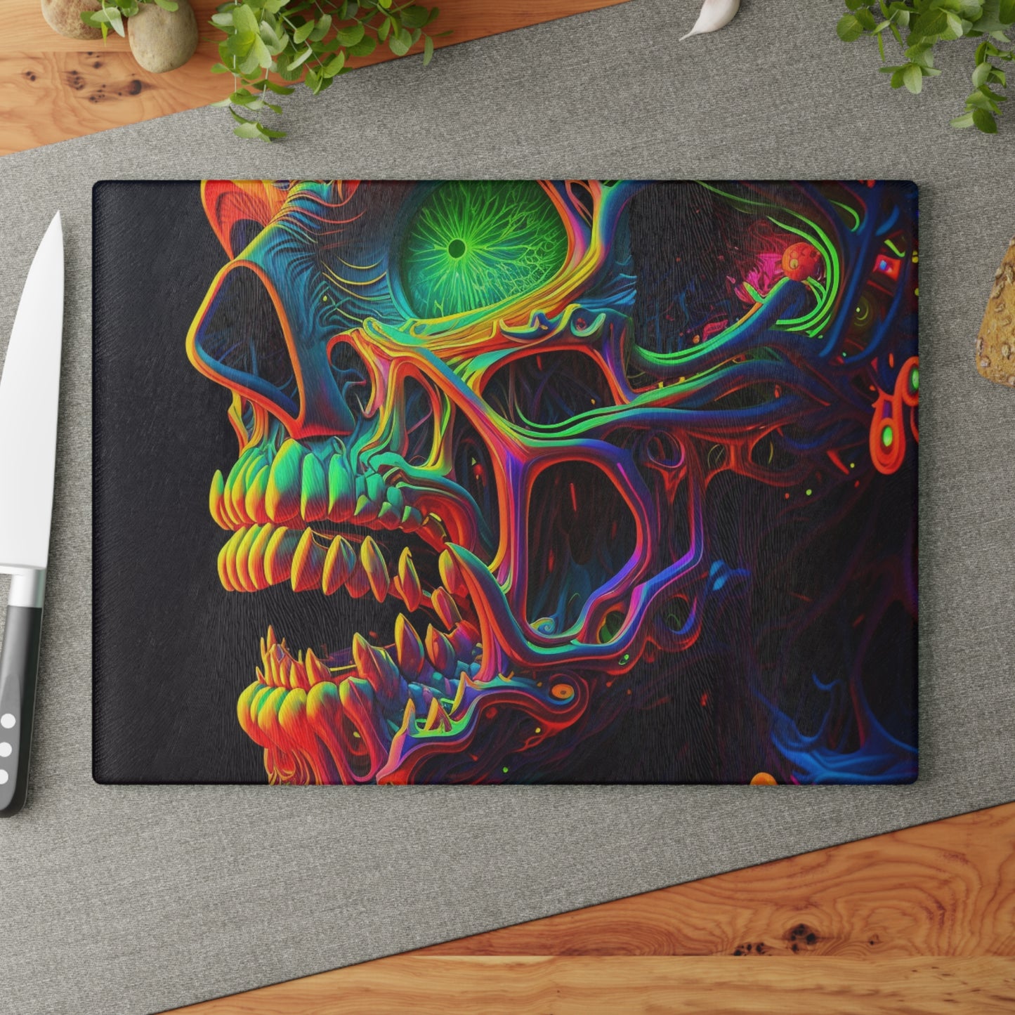 Glass Cutting Board Florescent Skull Death 1