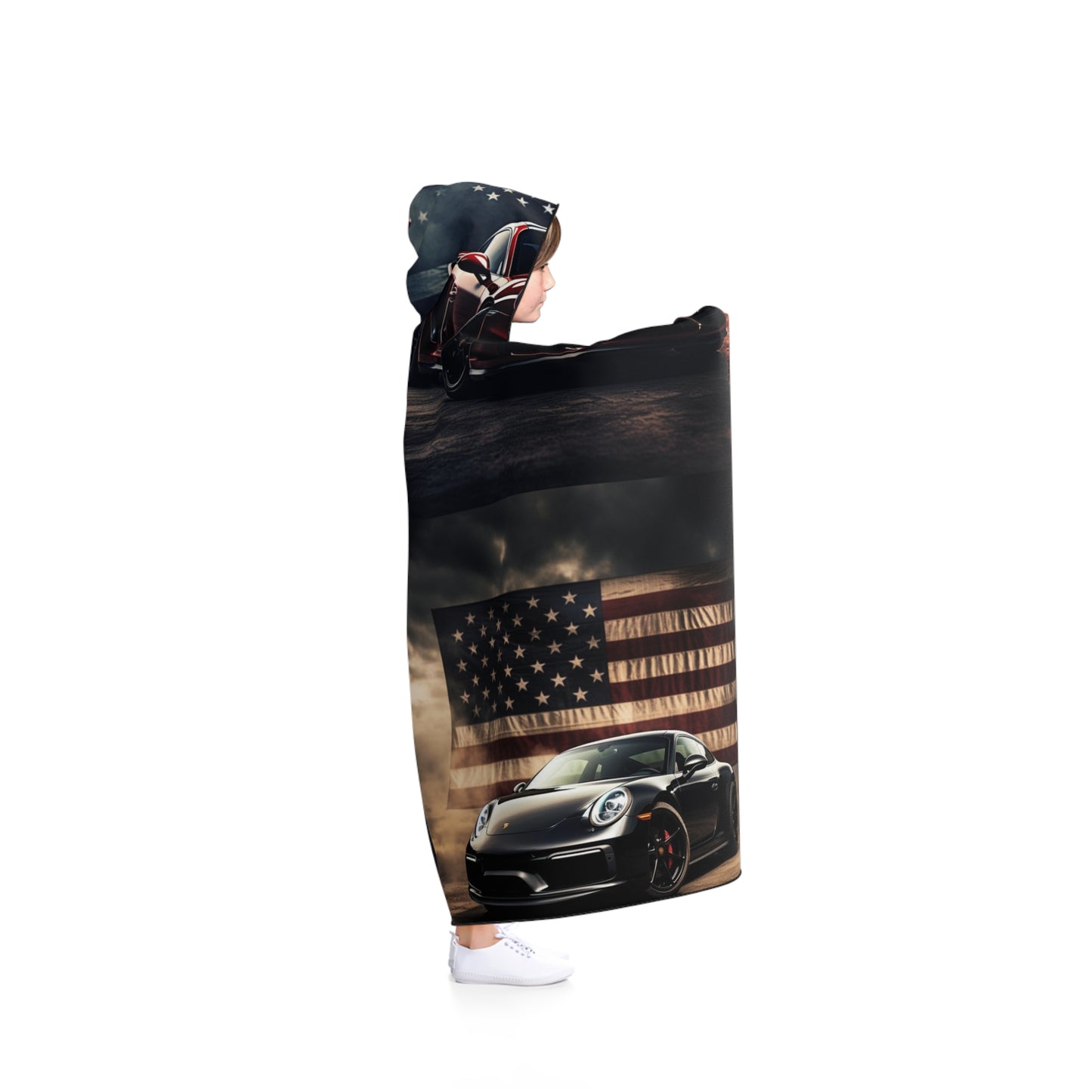 Hooded Blanket American Flag Background Porsche 5