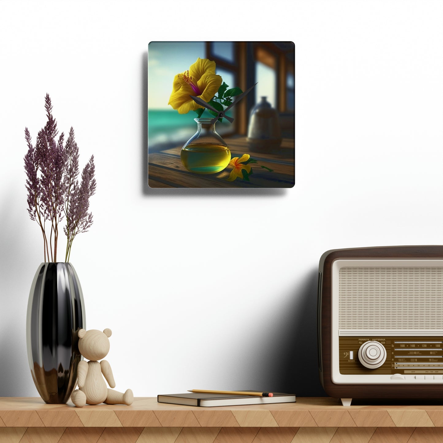 Acrylic Wall Clock Yellow Hibiscus Wood 1