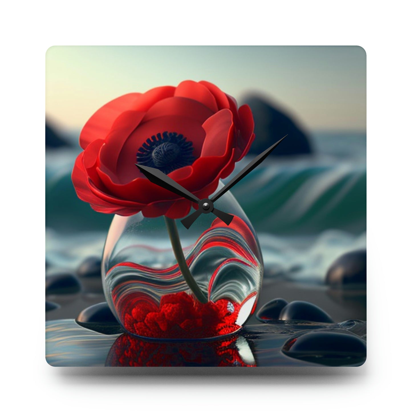 Acrylic Wall Clock Red Anemone in a Vase 1