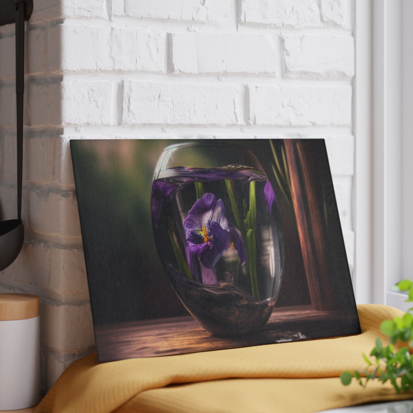 Glass Cutting Board Purple Iris in a vase 4