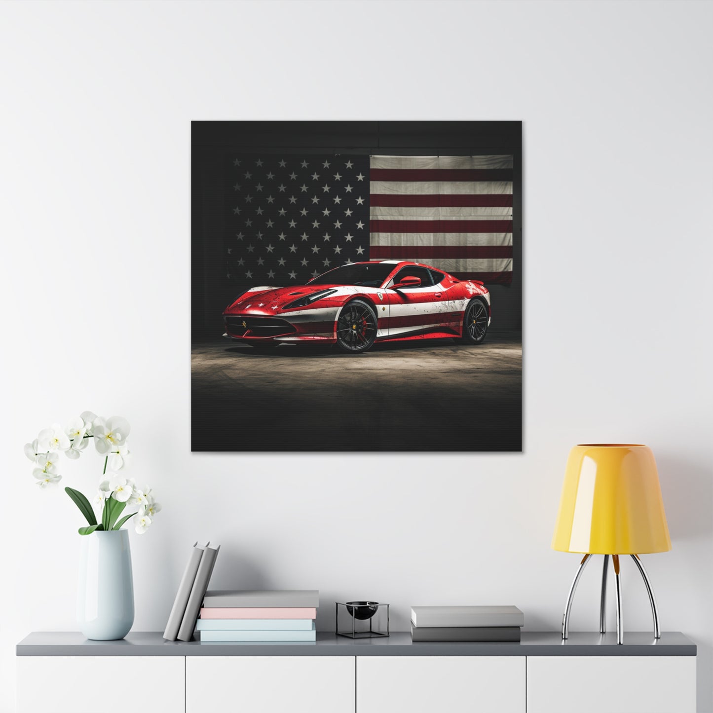 Canvas Gallery Wraps American Flag Background Ferrari 1