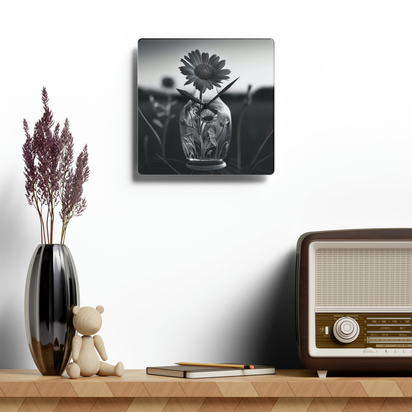 Acrylic Wall Clock Yellw Sunflower in a vase 2