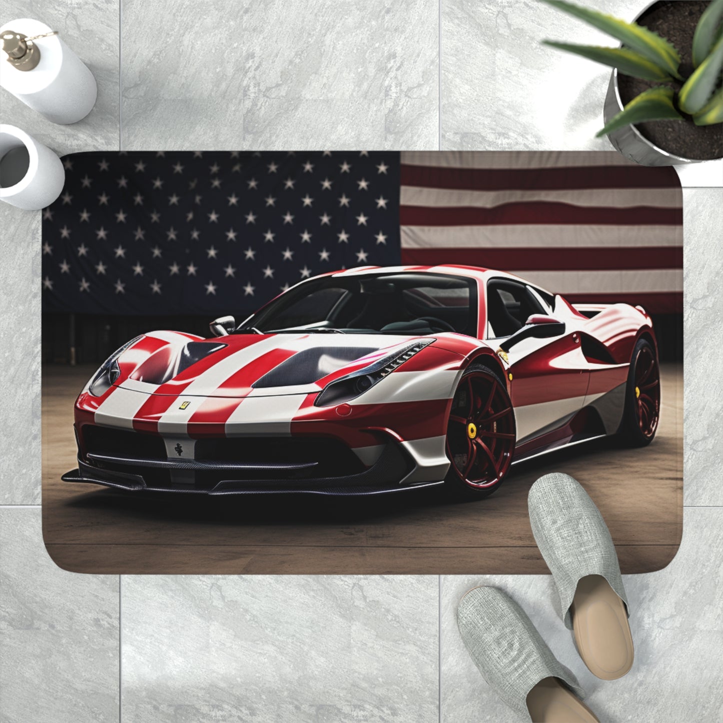 Memory Foam Bath Mat American Flag Background Ferrari 2