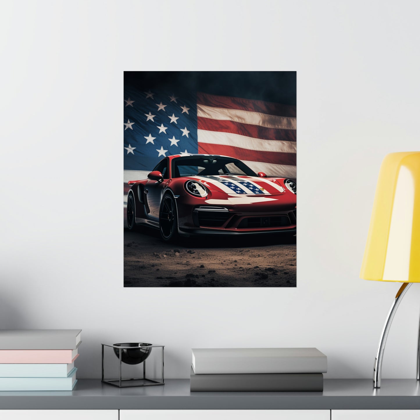 Premium Matte Vertical Posters American Flag Background Porsche 3