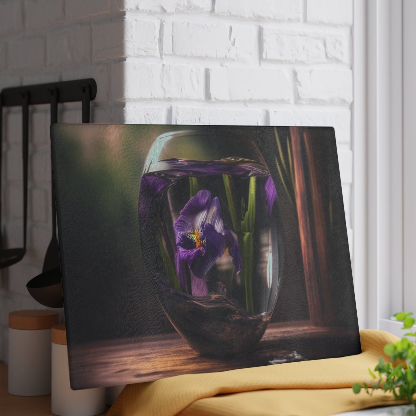 Glass Cutting Board Purple Iris in a vase 4