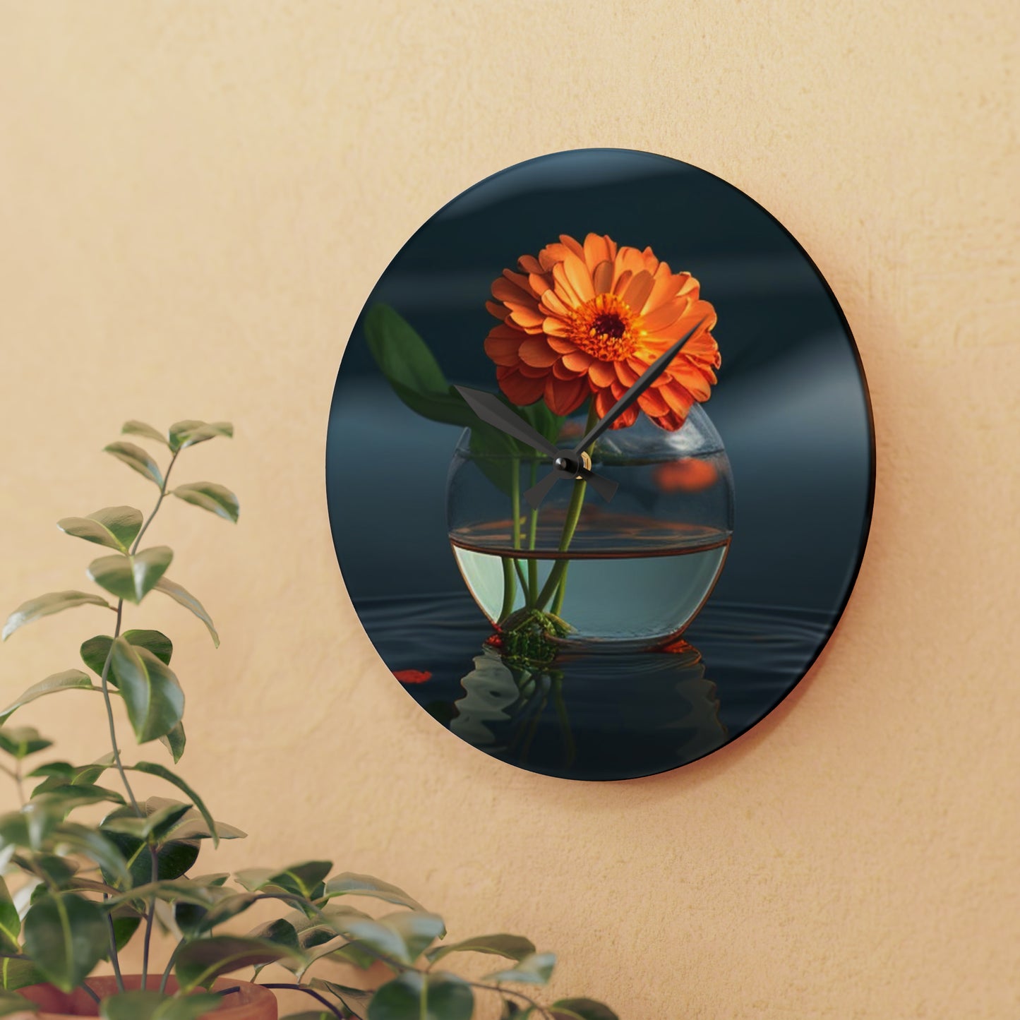 Acrylic Wall Clock Orange Zinnia 2