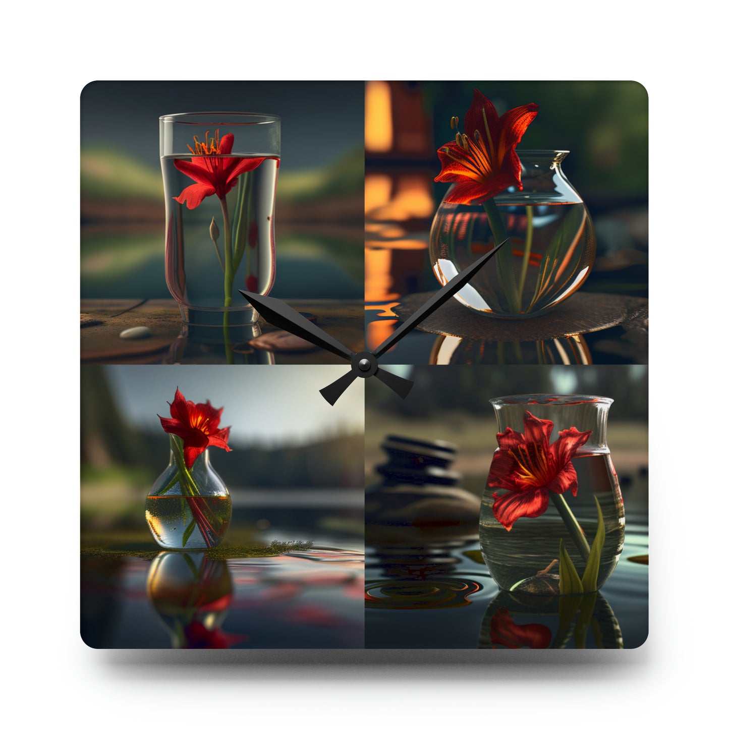 Acrylic Wall Clock Red Lily in a Glass vase 5