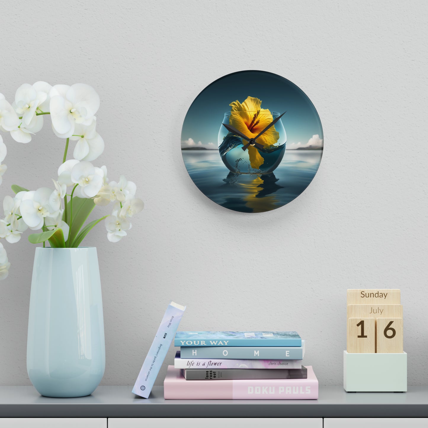 Acrylic Wall Clock Yellow Hibiscus glass 4