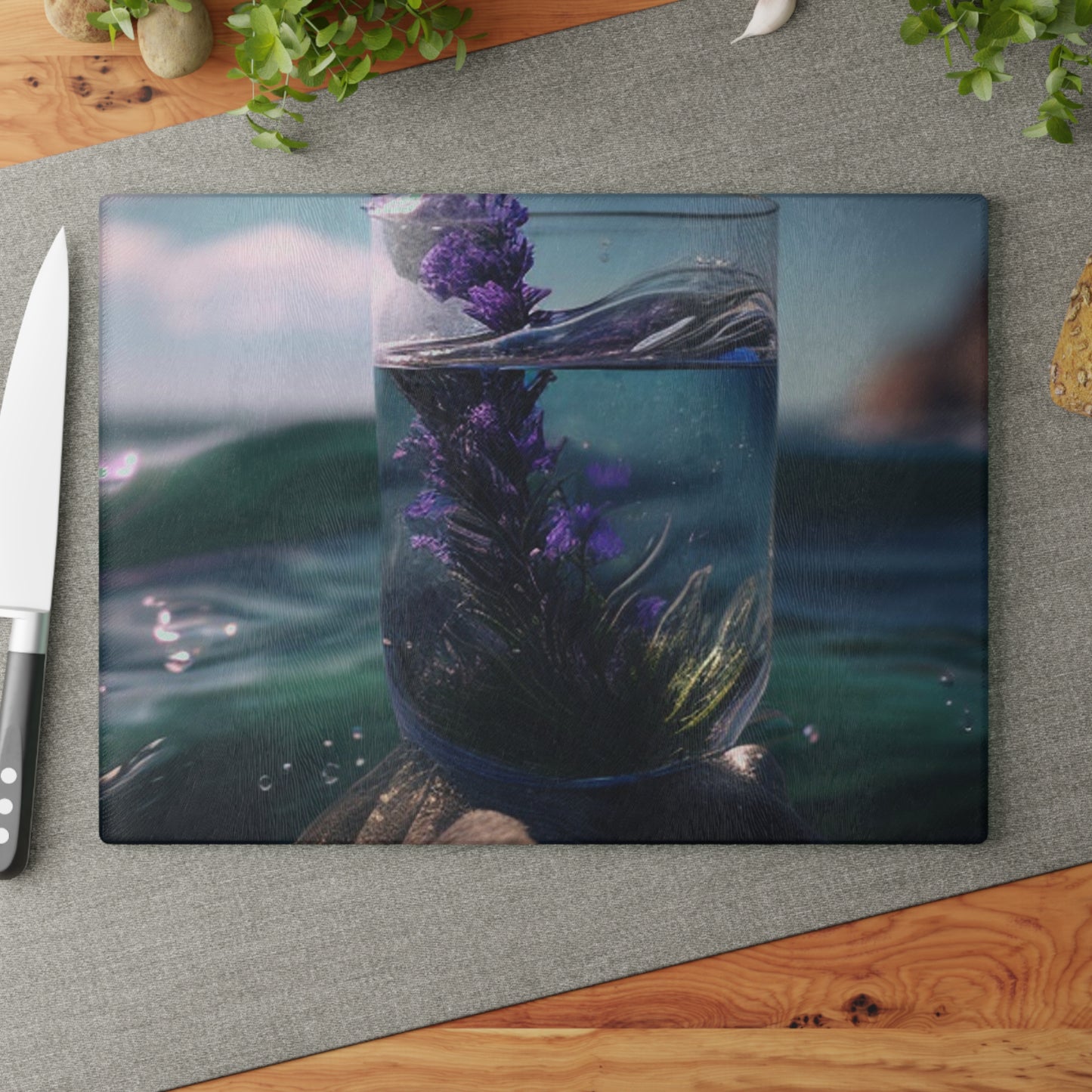 Glass Cutting Board Lavender in a vase 2