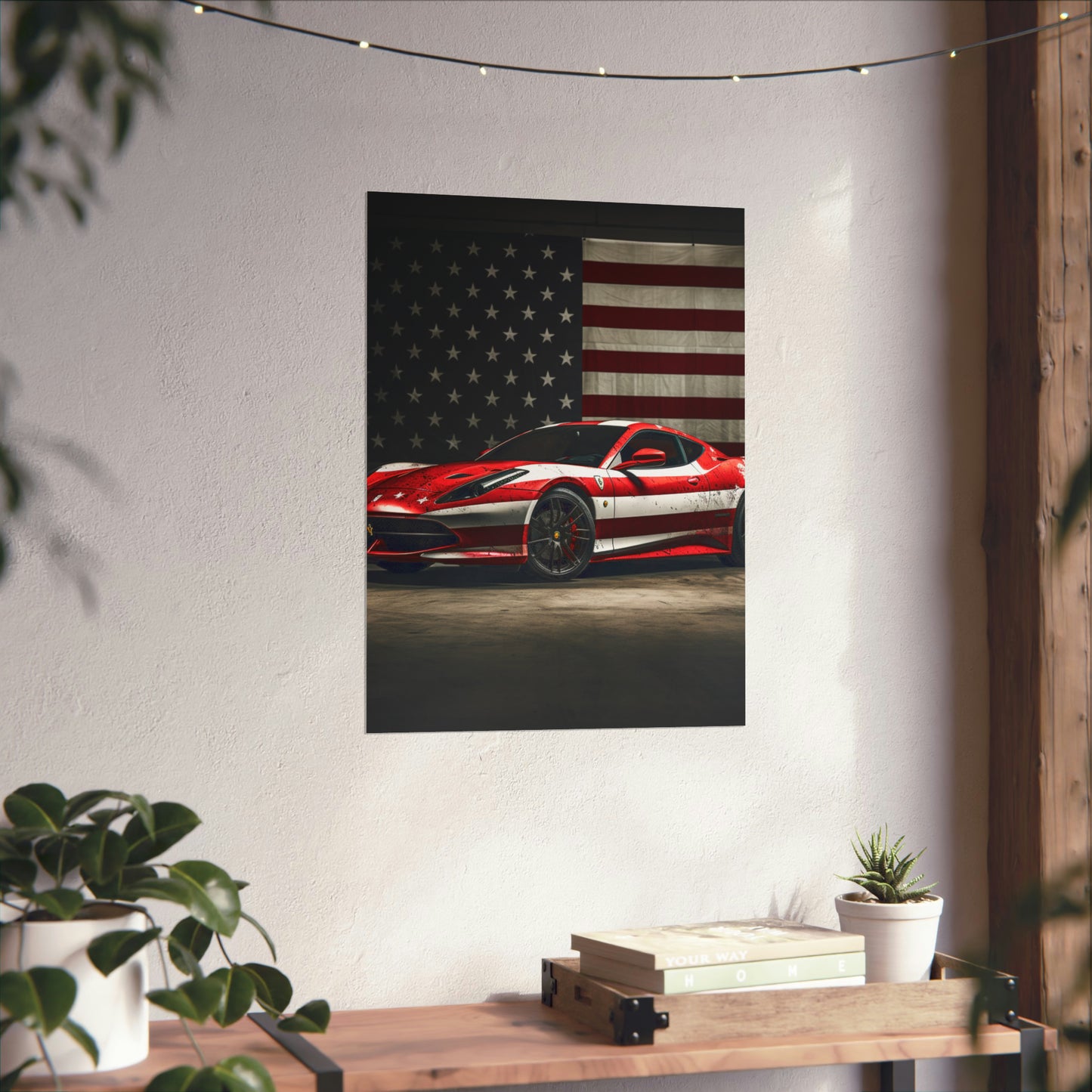 Premium Matte Vertical Posters American Flag Background Ferrari 1