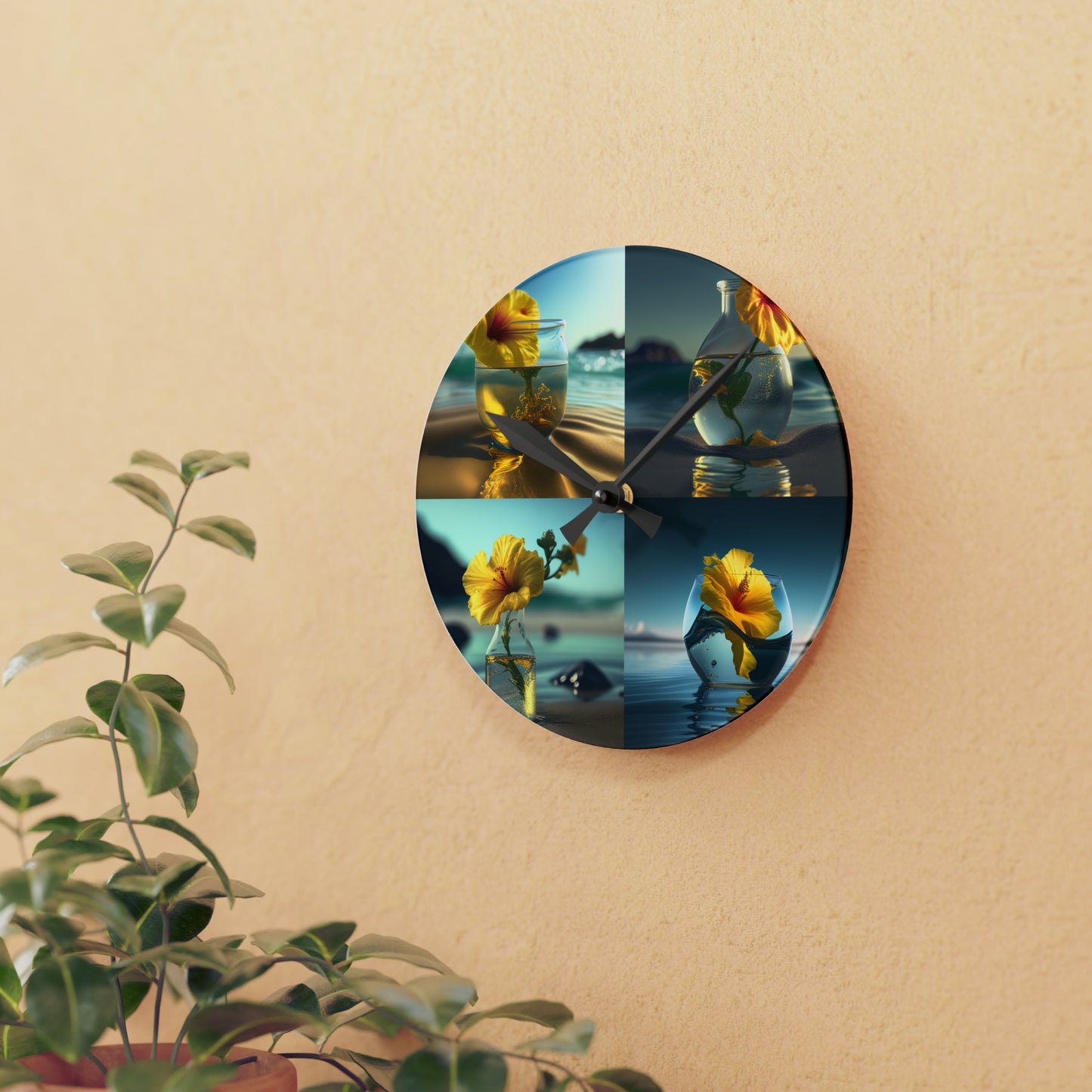 Acrylic Wall Clock Yellow Hibiscus glass 5