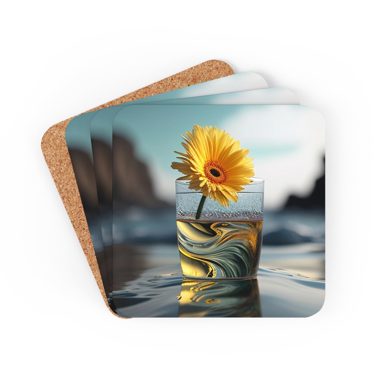 Corkwood Coaster Set yello Gerbera glass 2