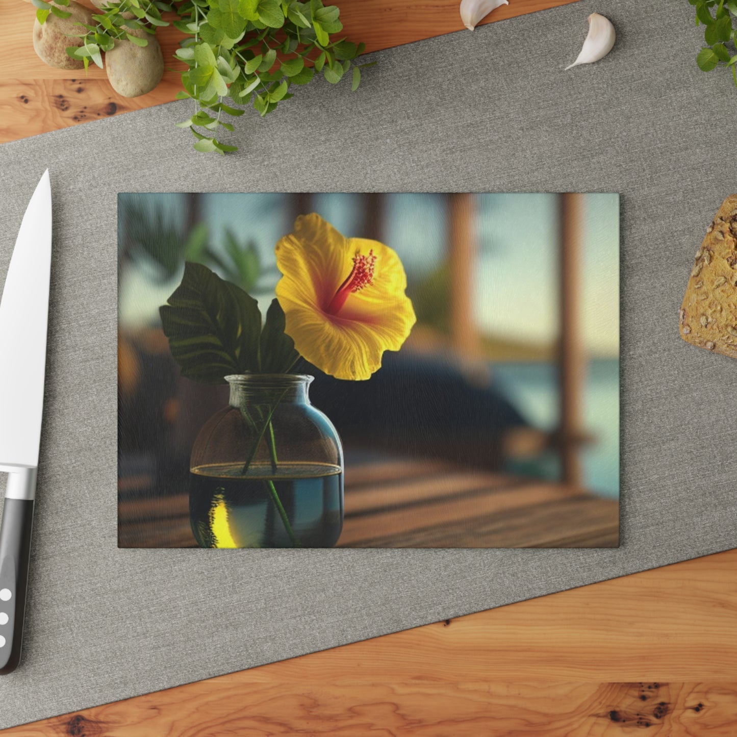 Glass Cutting Board Yellow Hibiscus Wood 2