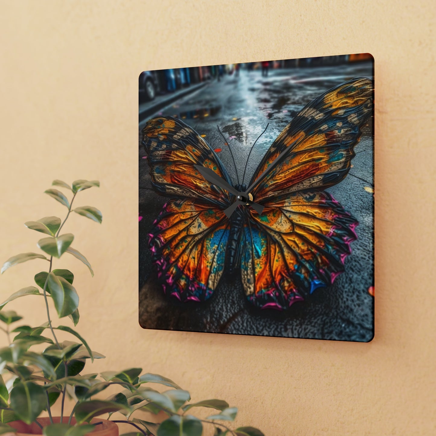Acrylic Wall Clock Liquid Street Butterfly 1