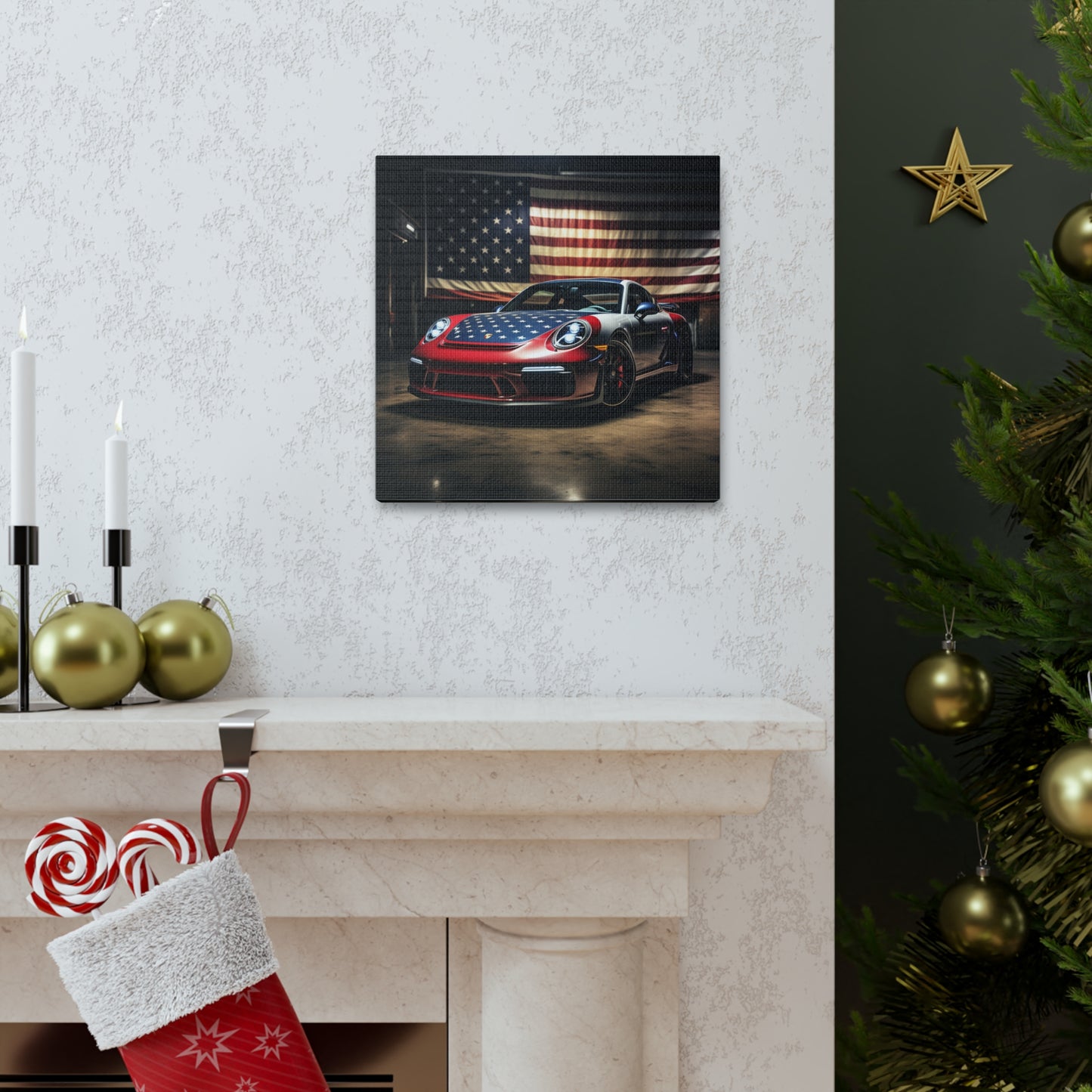 Canvas Gallery Wraps American Flag Background Porsche 1