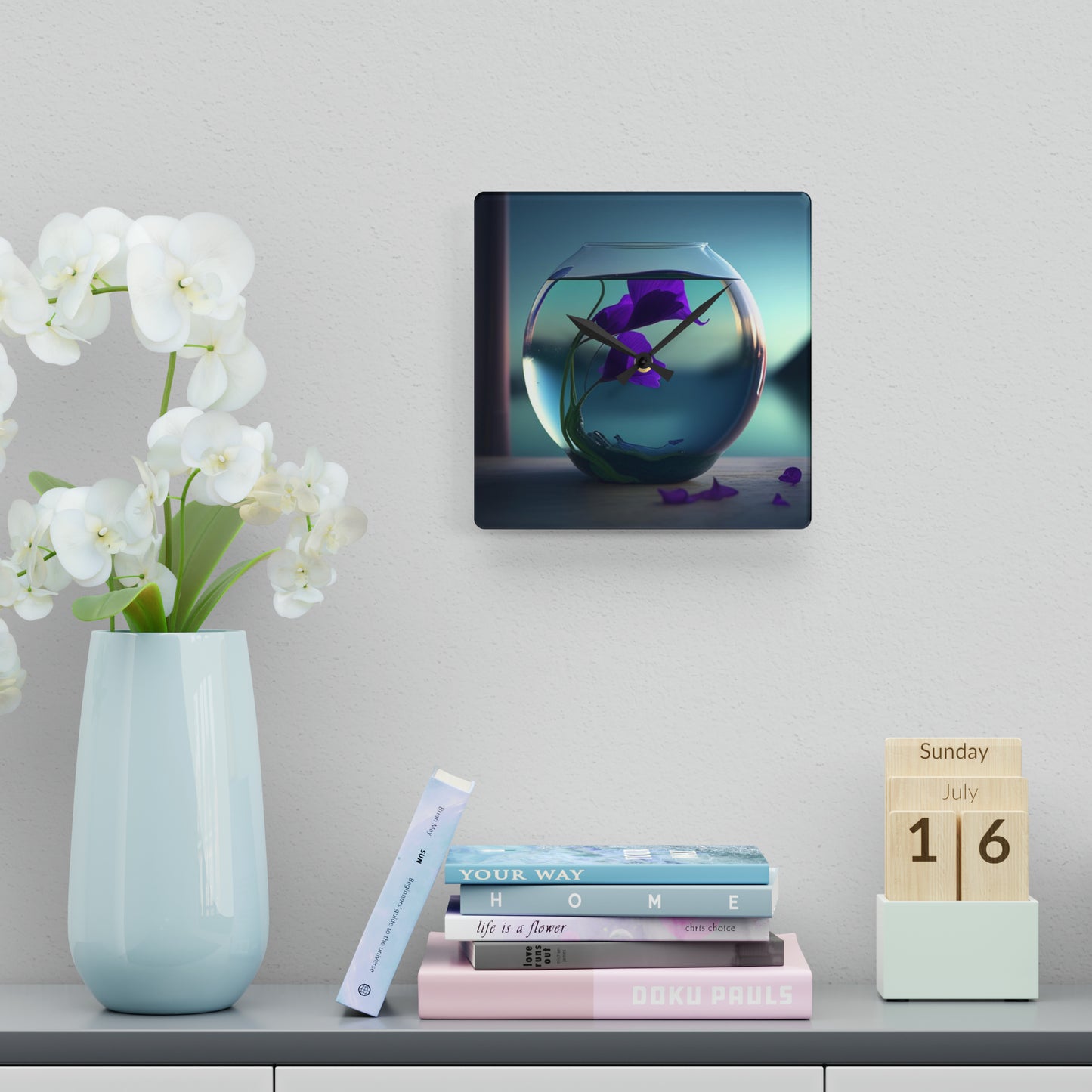 Acrylic Wall Clock Purple Sweet pea in a vase 2