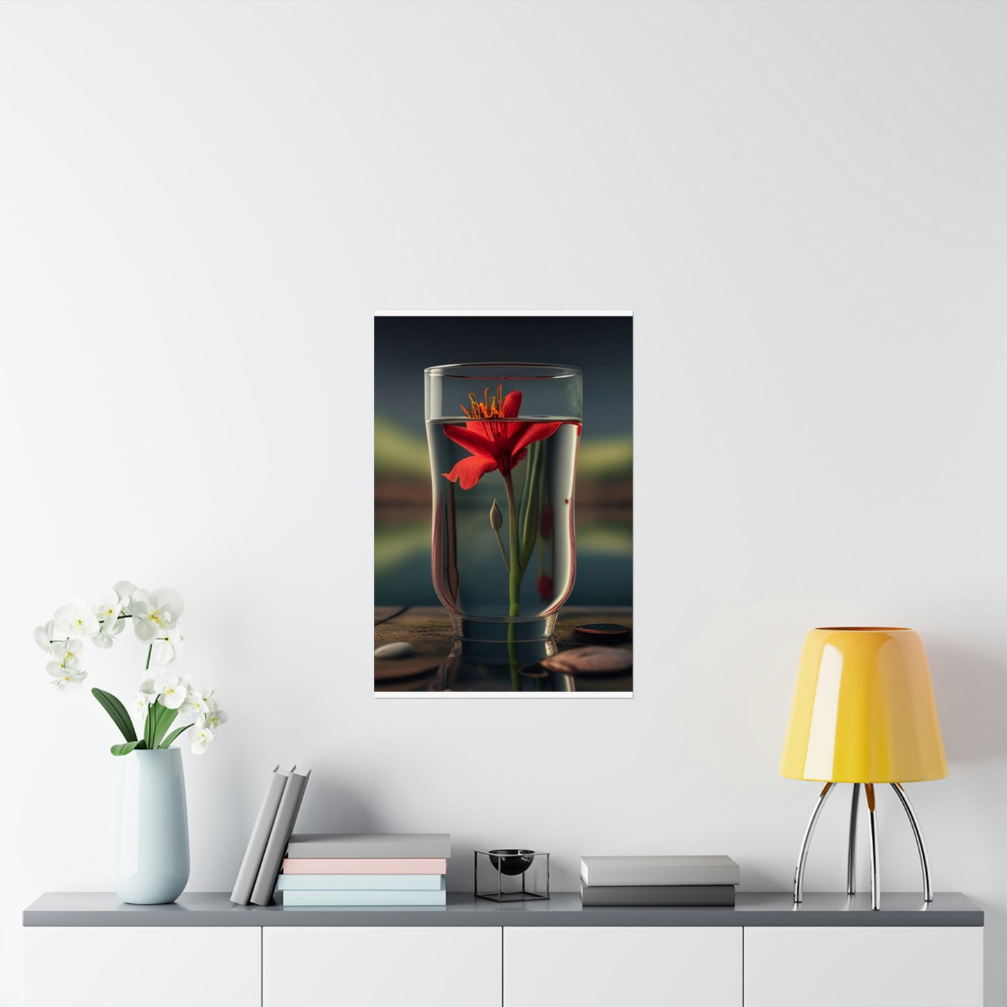 Premium Matte Vertical Posters Red Lily in a Glass vase 1