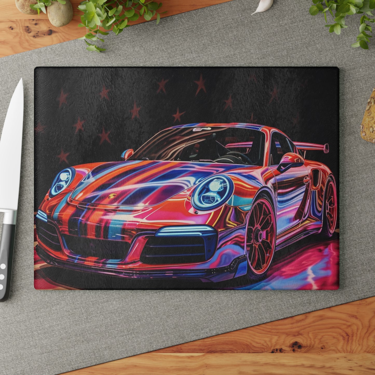 Glass Cutting Board American Flag Colored Porsche 4