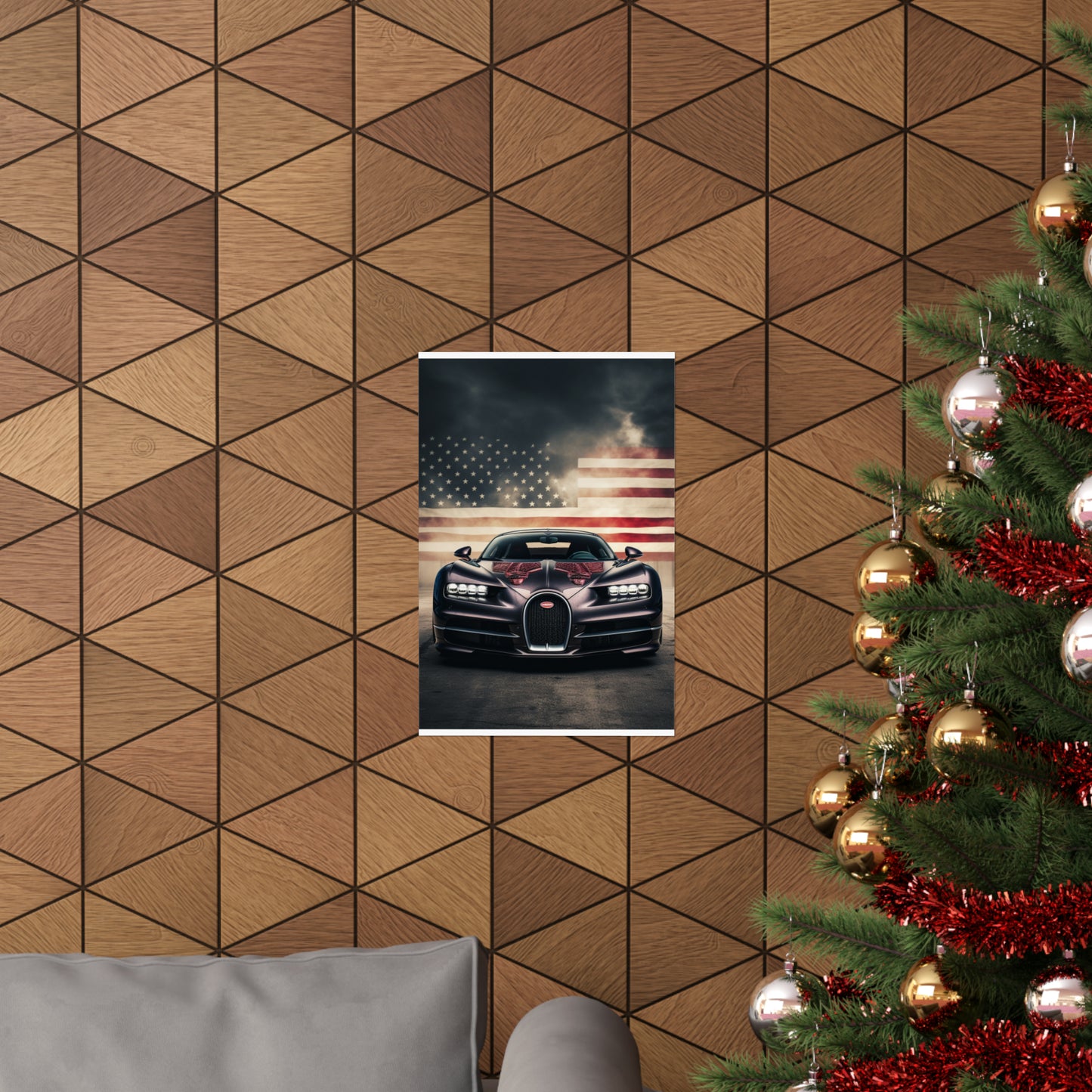 Premium Matte Vertical Posters American Flag Background Bugatti 2