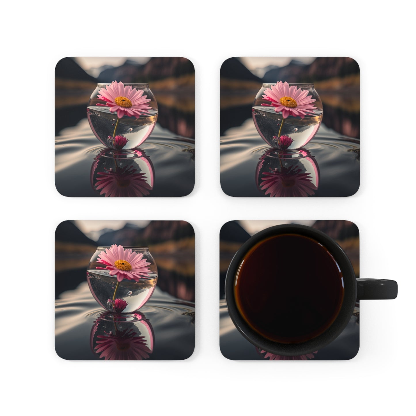 Corkwood Coaster Set Daisy in a vase 3