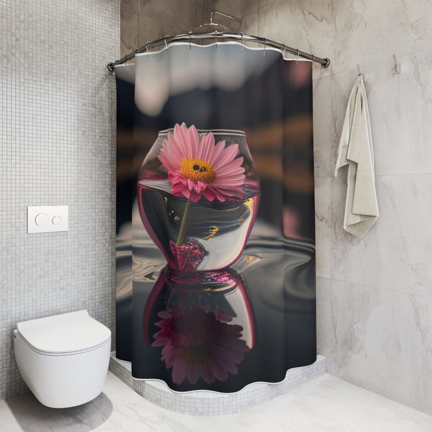 Polyester Shower Curtain Pink Daisy 1