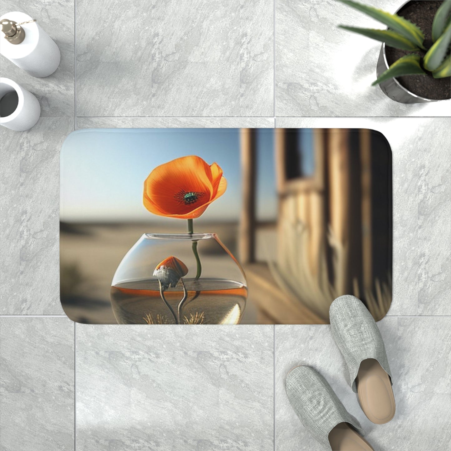 Memory Foam Bath Mat Orange Poppy in a Vase 1