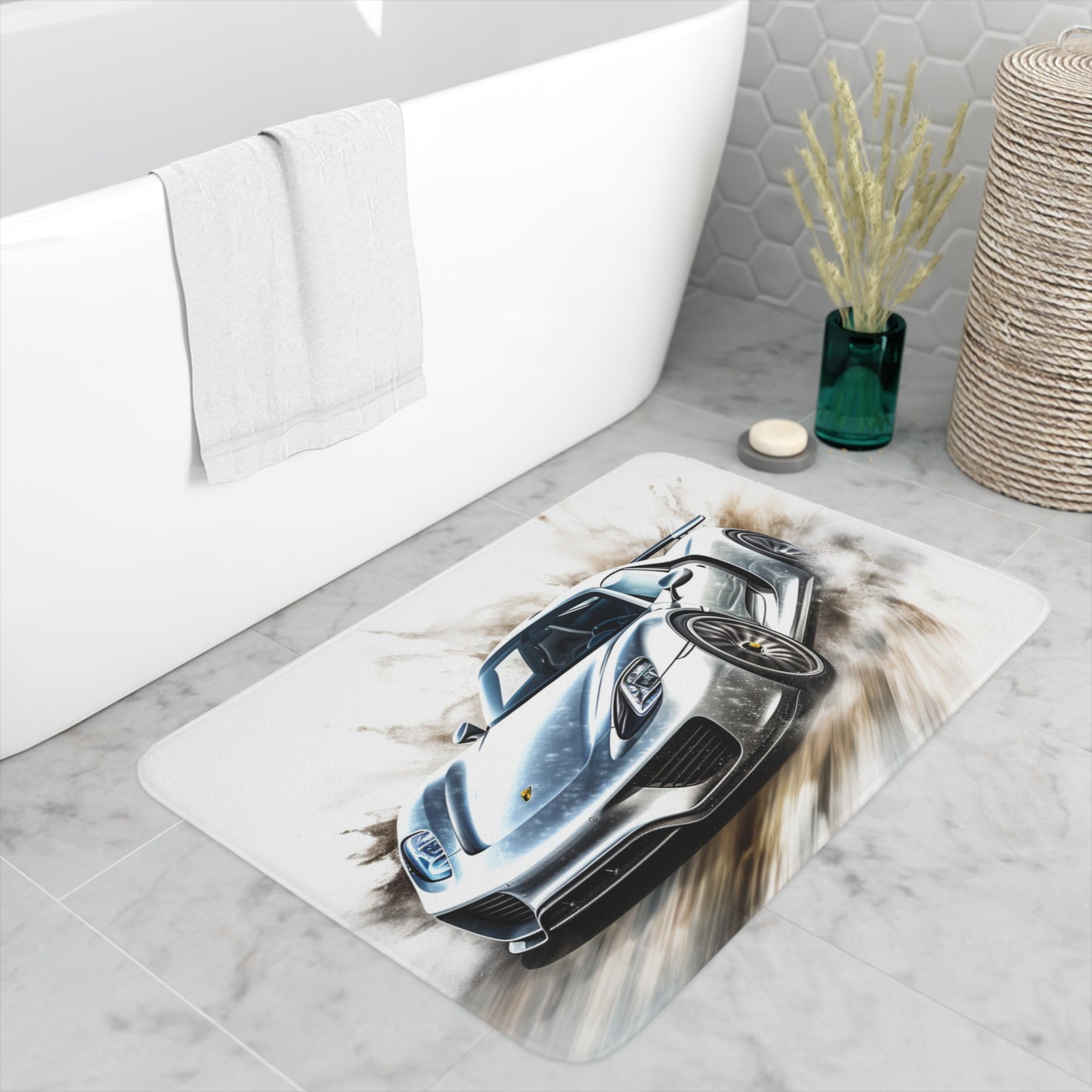 Memory Foam Bath Mat 918 Spyder white background driving fast with water splashing 2