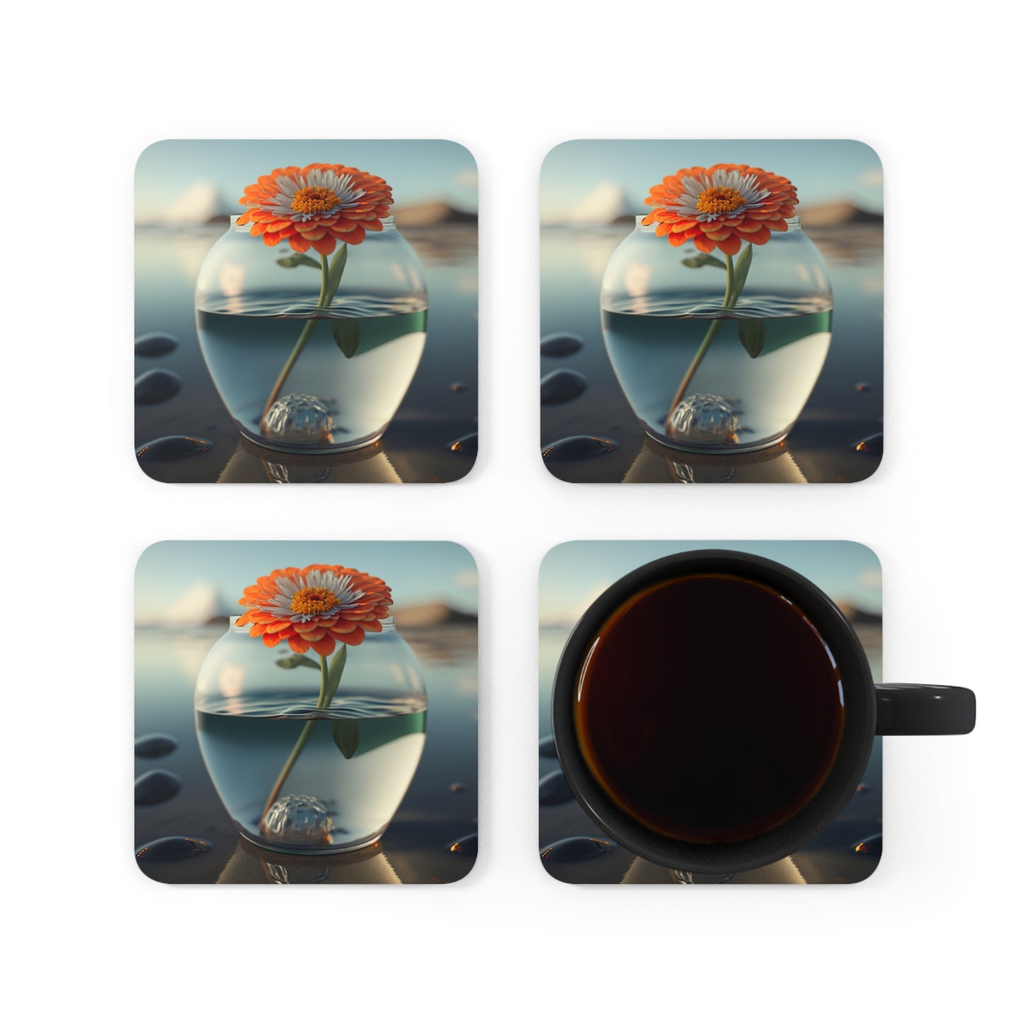 Corkwood Coaster Set Orange Zinnia 3