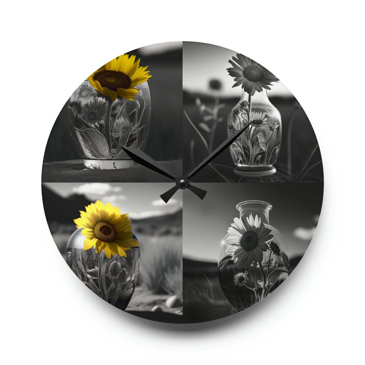 Acrylic Wall Clock Yellw Sunflower in a vase 5