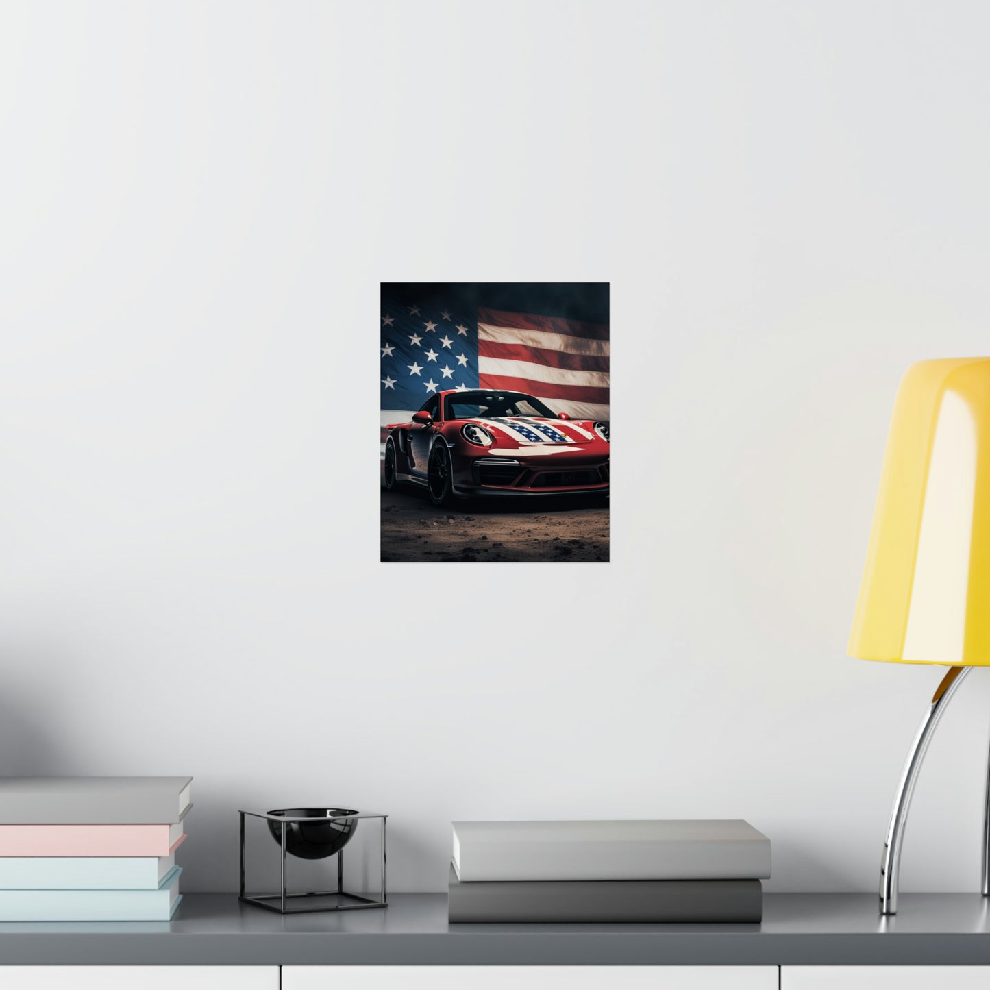 Premium Matte Vertical Posters American Flag Background Porsche 3