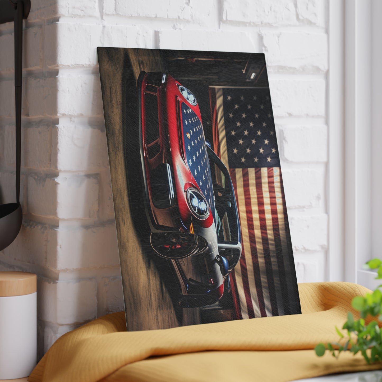 Glass Cutting Board American Flag Background Porsche 1