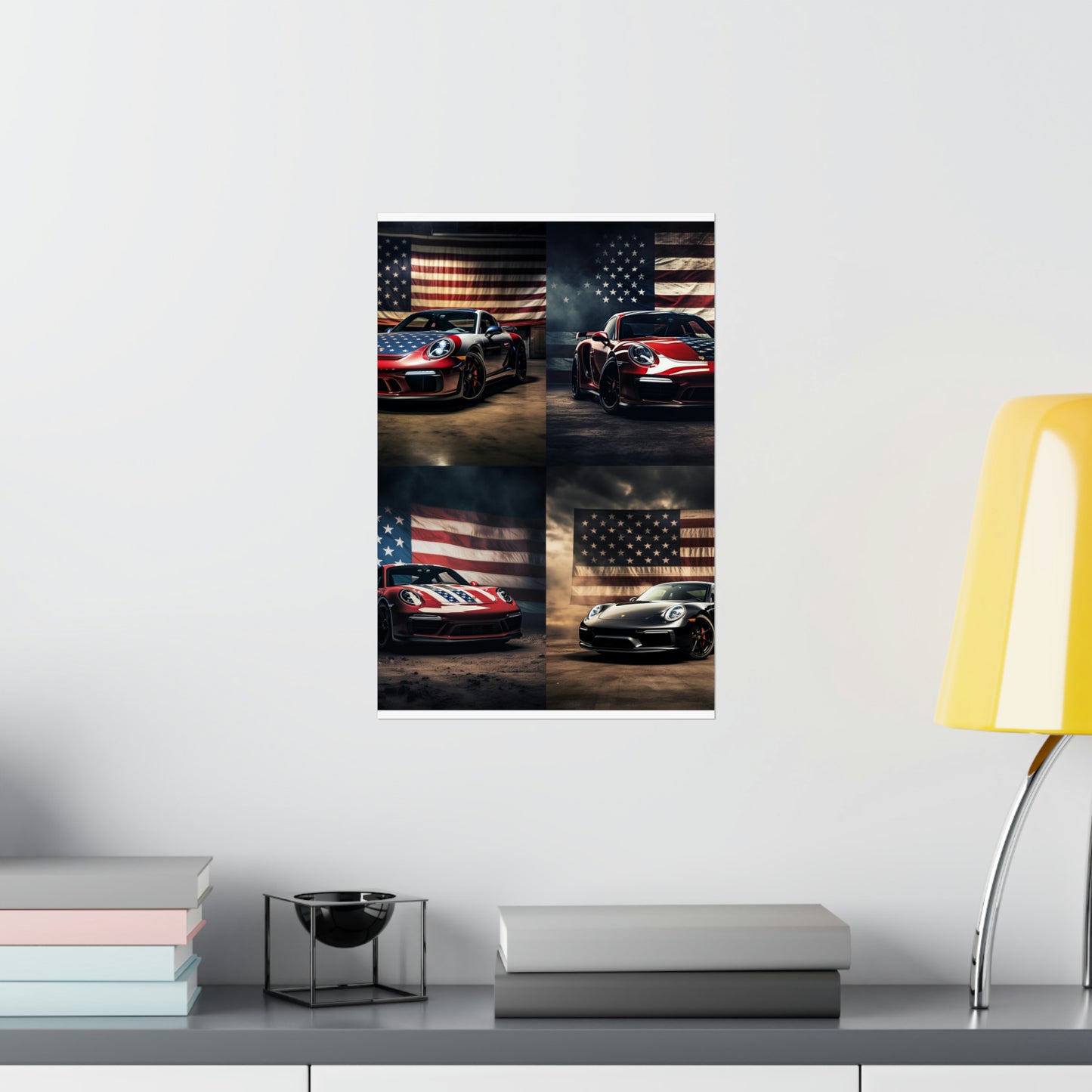 Premium Matte Vertical Posters American Flag Background Porsche 5