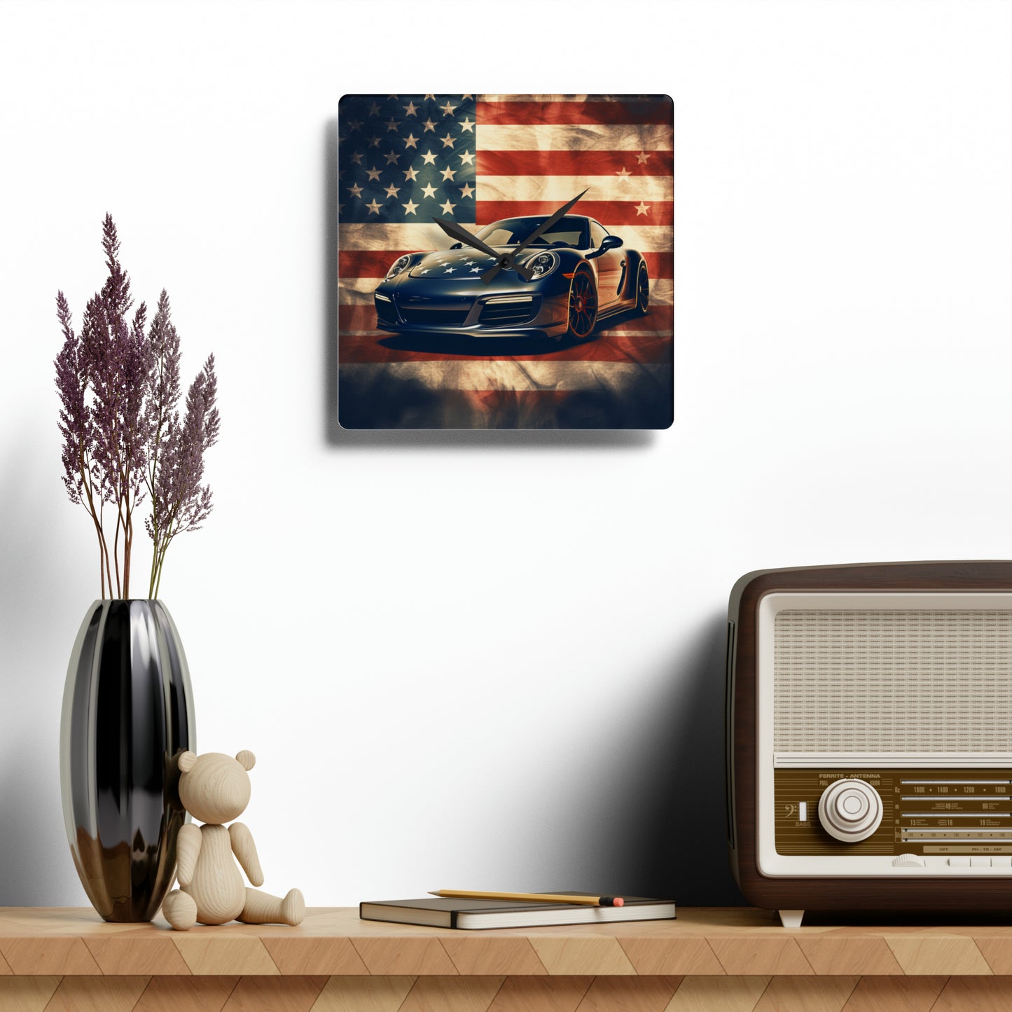 Acrylic Wall Clock Abstract American Flag Background Porsche 3