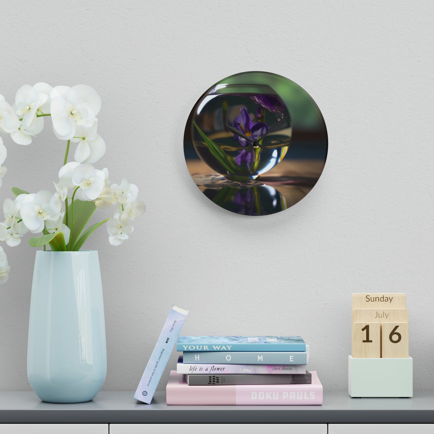 Acrylic Wall Clock Purple Iris in a vase 1