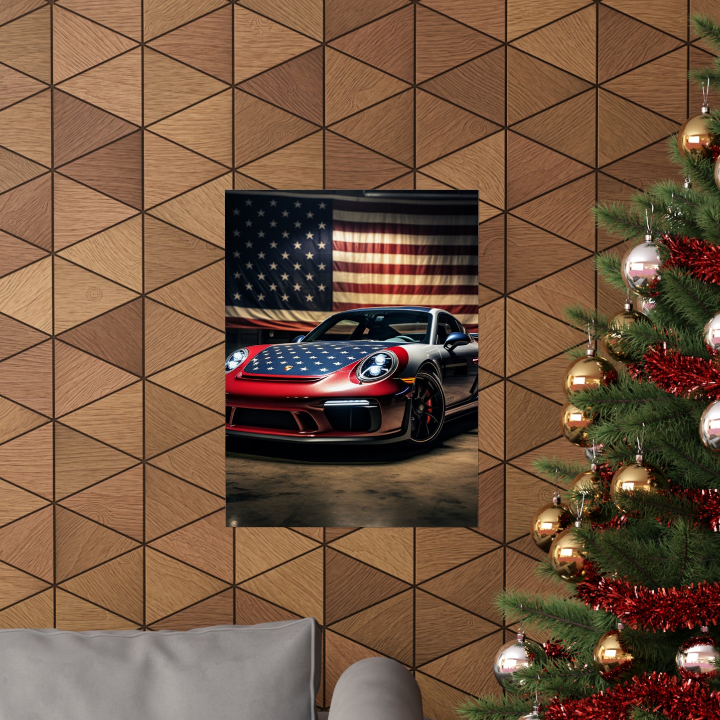 Premium Matte Vertical Posters American Flag Background Porsche 1