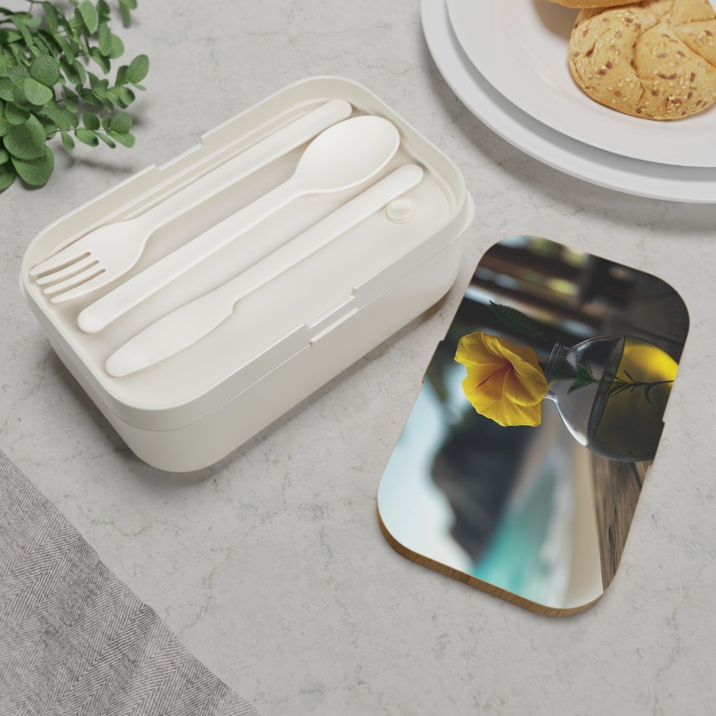 Bento Lunch Box Yellow Hibiscus Wood 3