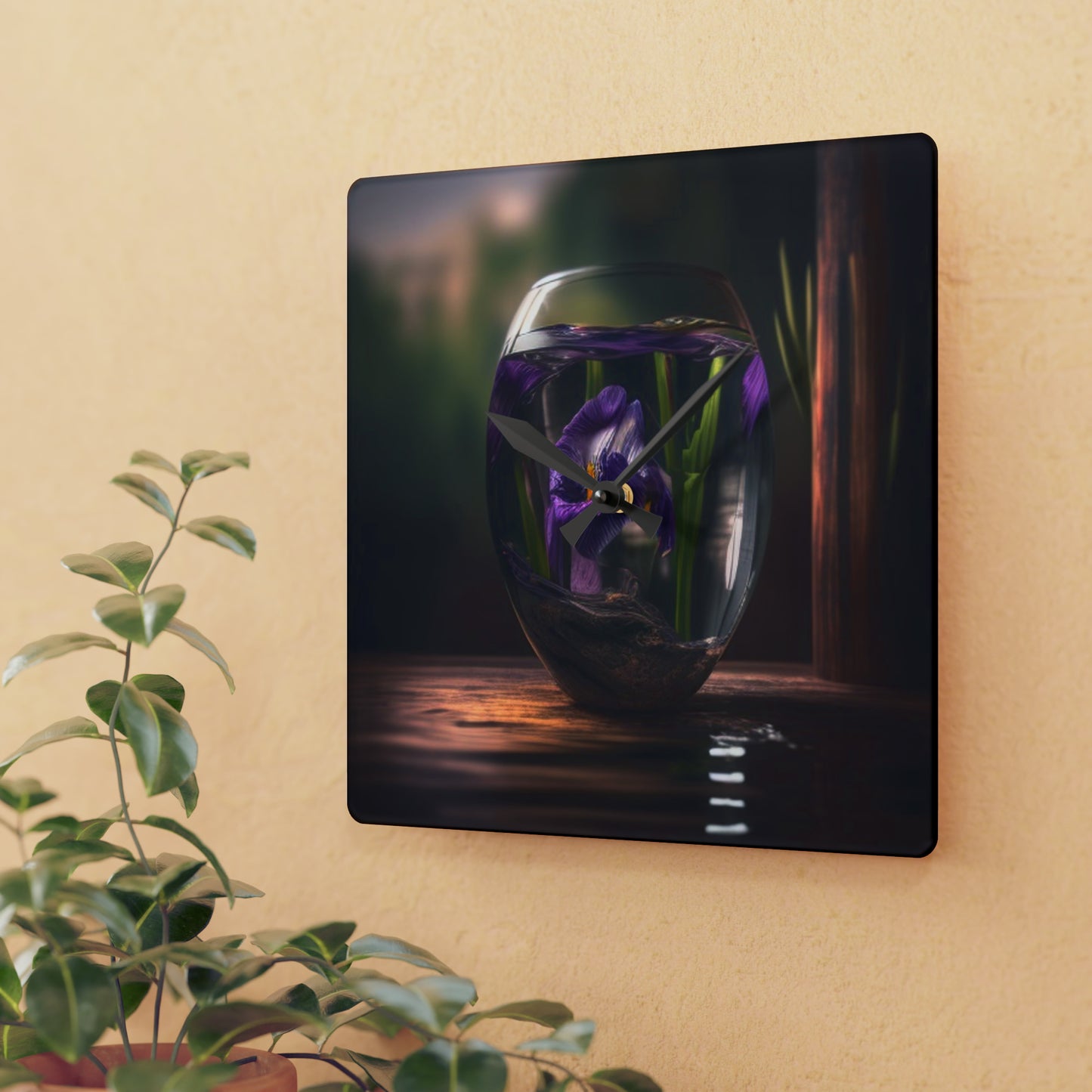 Acrylic Wall Clock Purple Iris in a vase 4