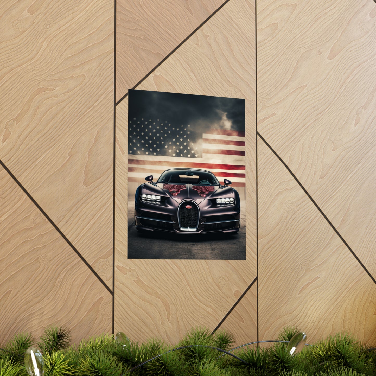 Premium Matte Vertical Posters American Flag Background Bugatti 2