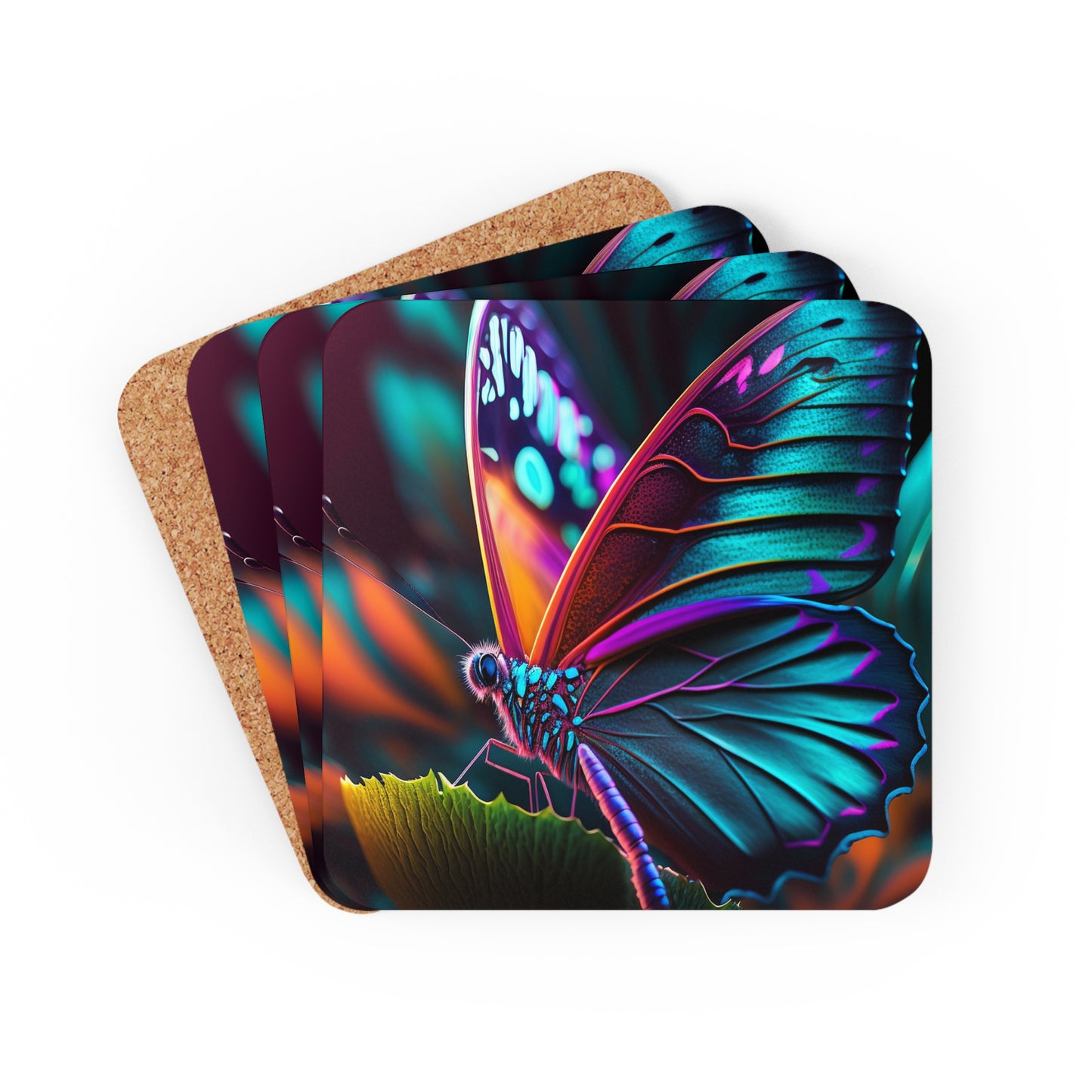Corkwood Coaster Set Neon Butterfly Macro 1