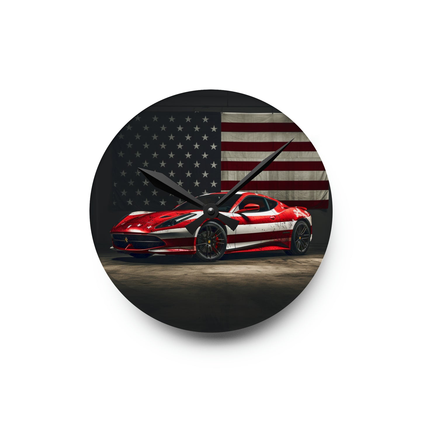 Acrylic Wall Clock American Flag Background Ferrari 1