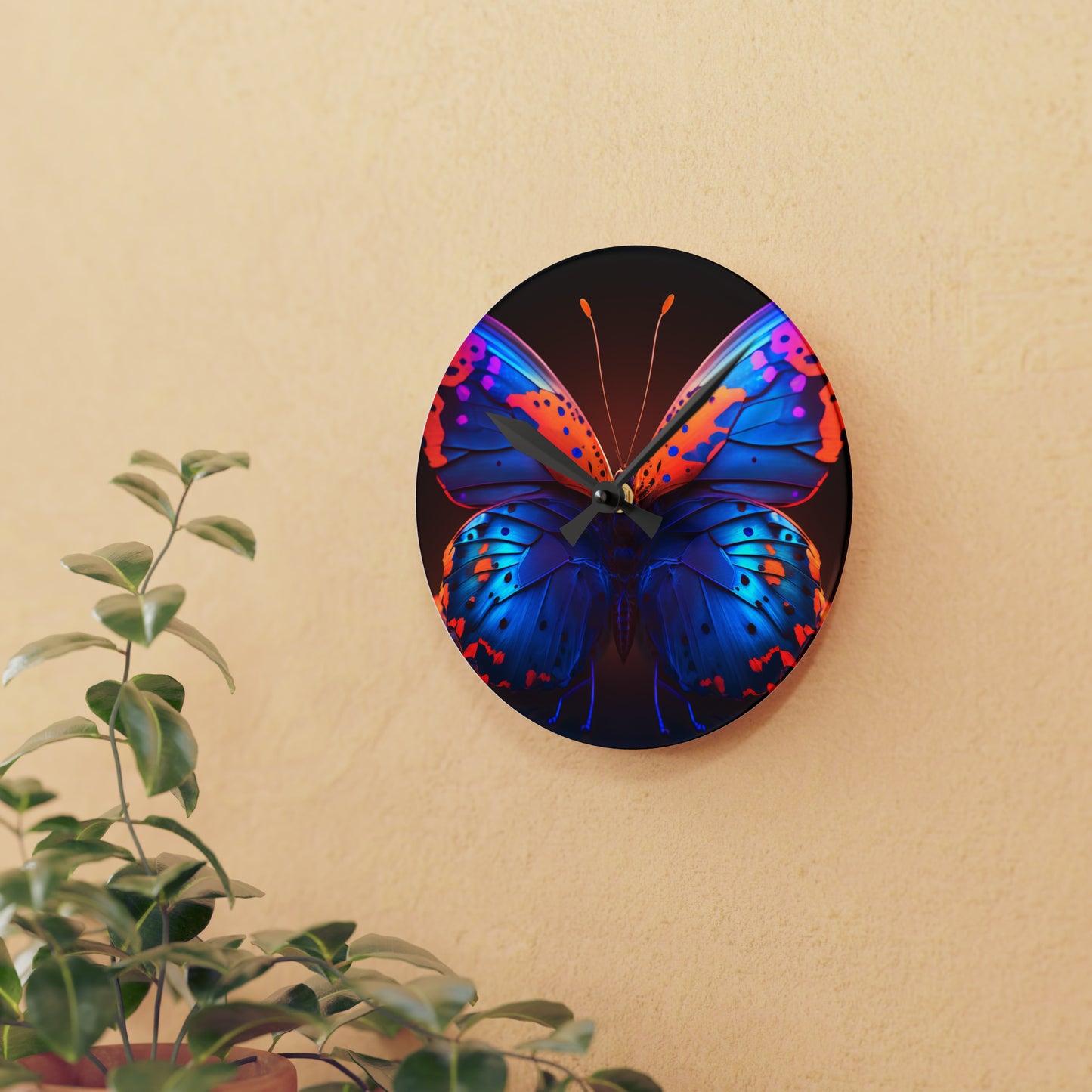 Acrylic Wall Clock Neon Butterfly Macro 3