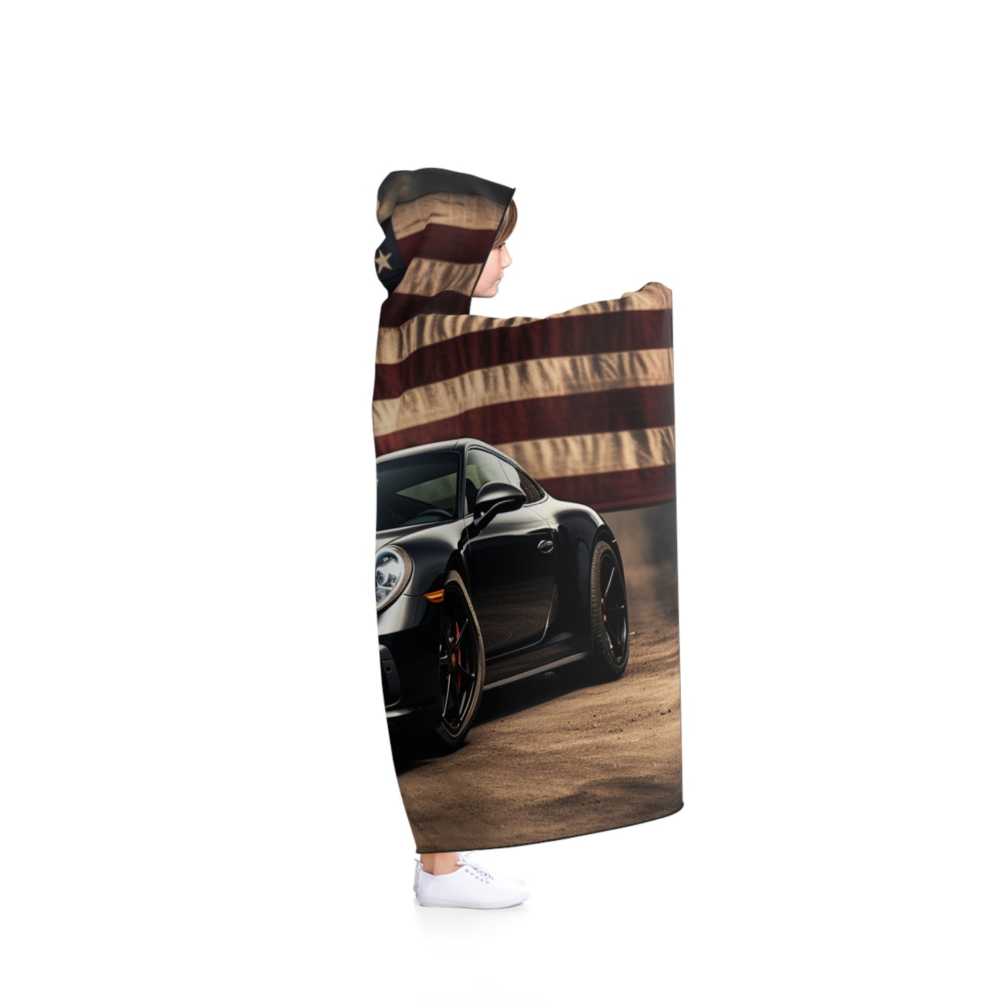 Hooded Blanket American Flag Background Porsche 4