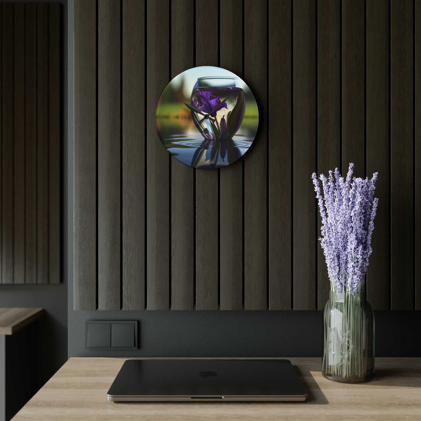 Acrylic Wall Clock Purple Iris in a vase 3