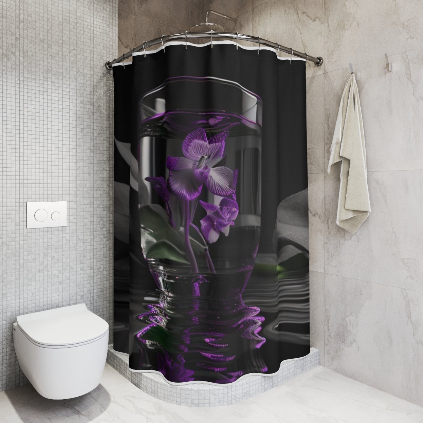 Polyester Shower Curtain Purple Orchid Glass vase 1