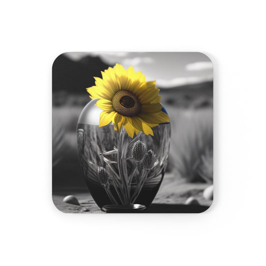 Corkwood Coaster Set Yellw Sunflower in a vase 3