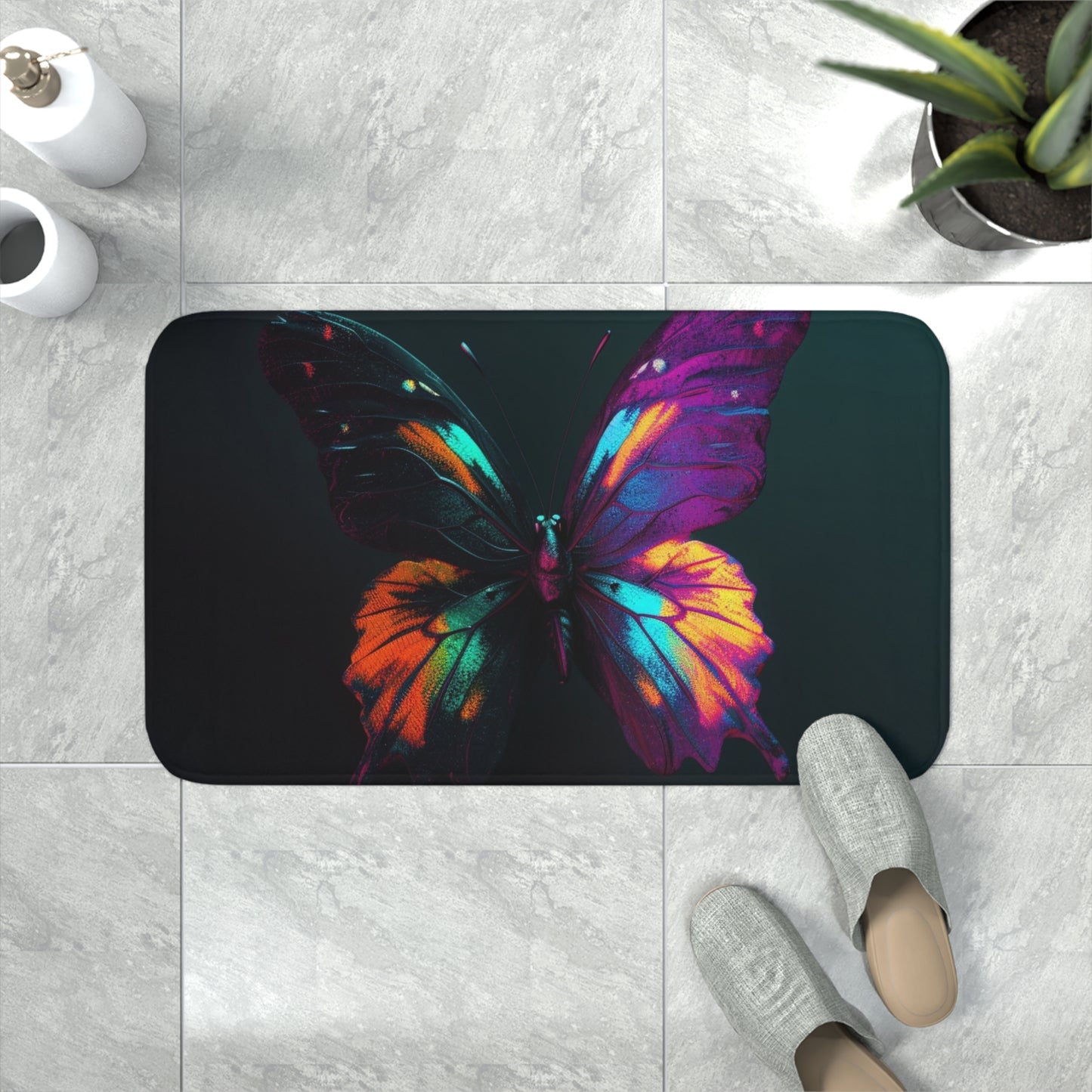 Memory Foam Bath Mat Hyper Colorful Butterfly Purple 3