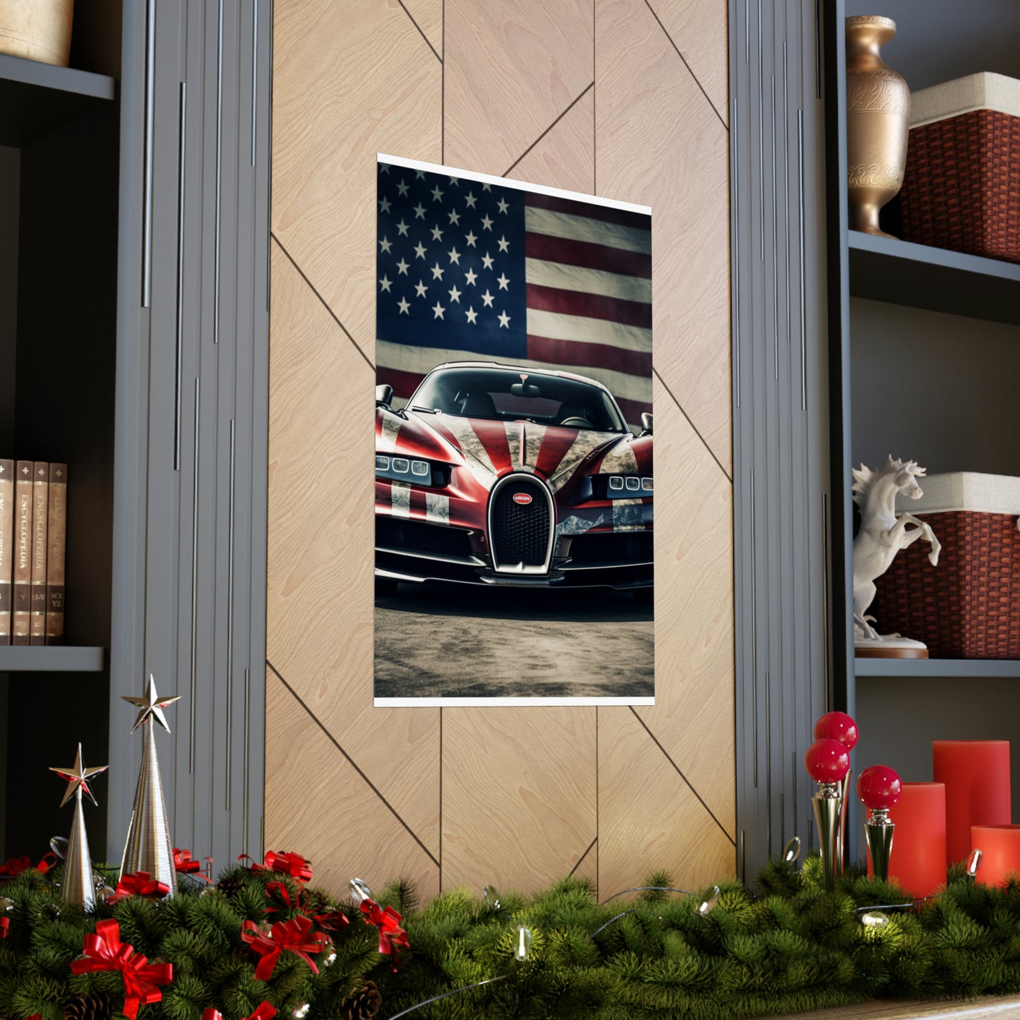 Premium Matte Vertical Posters American Flag Background Bugatti 3